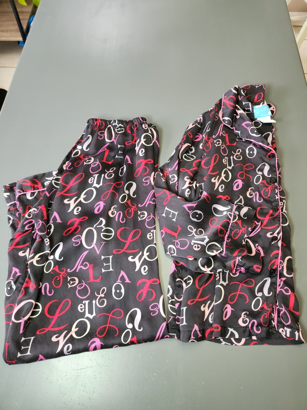 Nick & Nora Pajama Set Women M Black Pink 100% Silk Love Script Pants Set